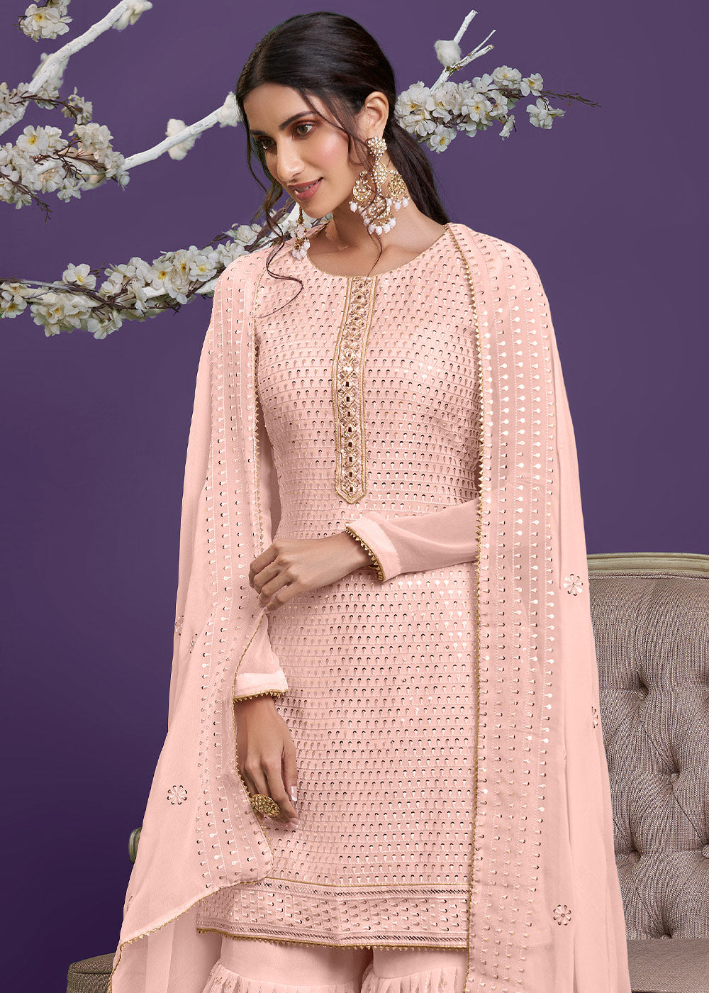 Crepe Pink Georgette Sharara Suit with Thread, Sequins & Khatli work