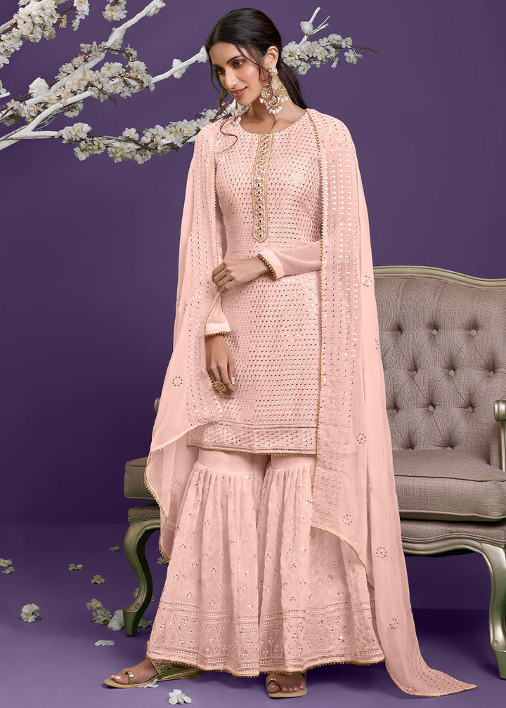 Crepe Pink Georgette Sharara Suit with Thread, Sequins & Khatli work