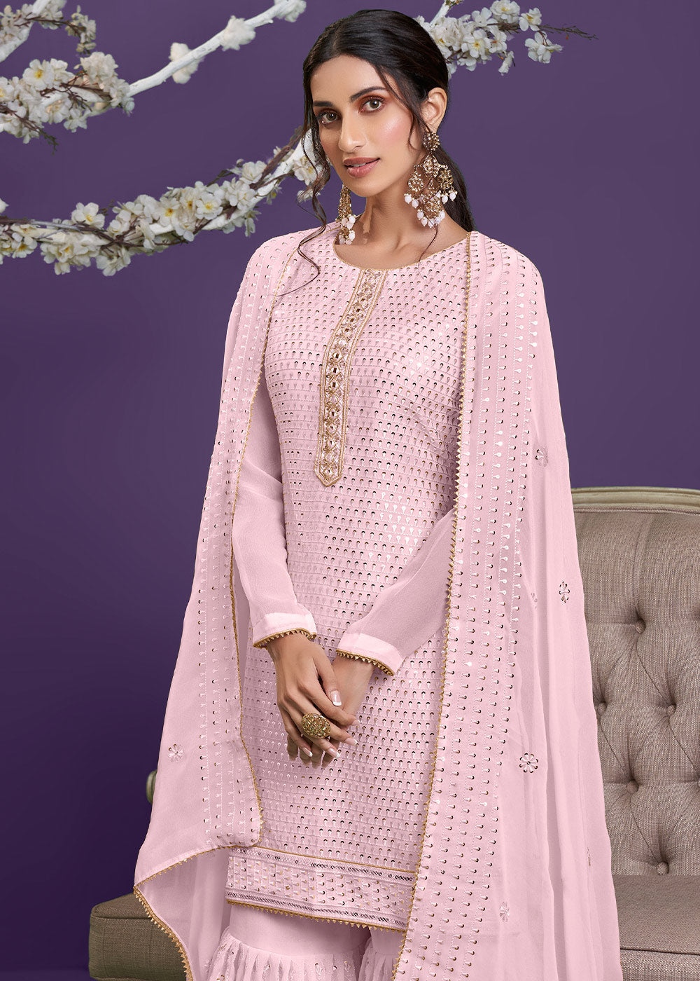 Lemonade Pink Georgette Sharara Suit with Thread, Sequins & Khatli work