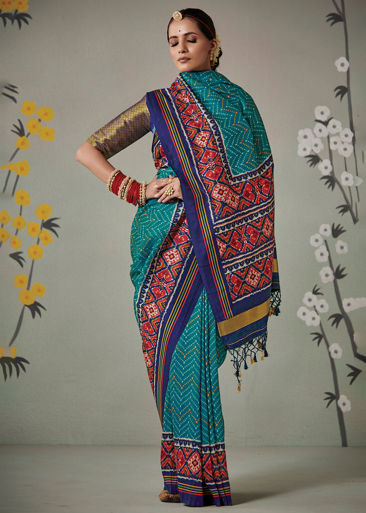 Cerulean Blue Patola Printed Tussar Silk Saree