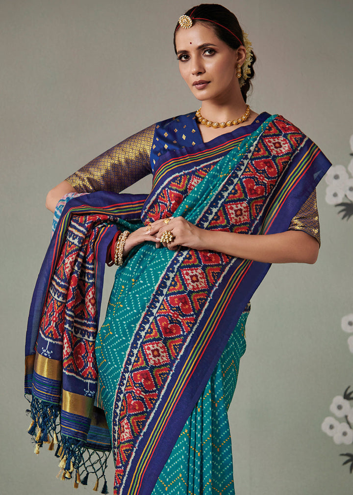 Cerulean Blue Patola Printed Tussar Silk Saree