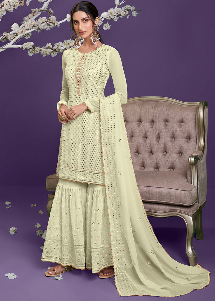 Blonde Yellow Georgette Sharara Suit with Thread, Sequins & Khatli work