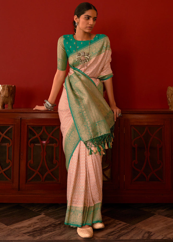 Peach Pink Zari Woven Georgette Saree with Contrast Border & Blouse