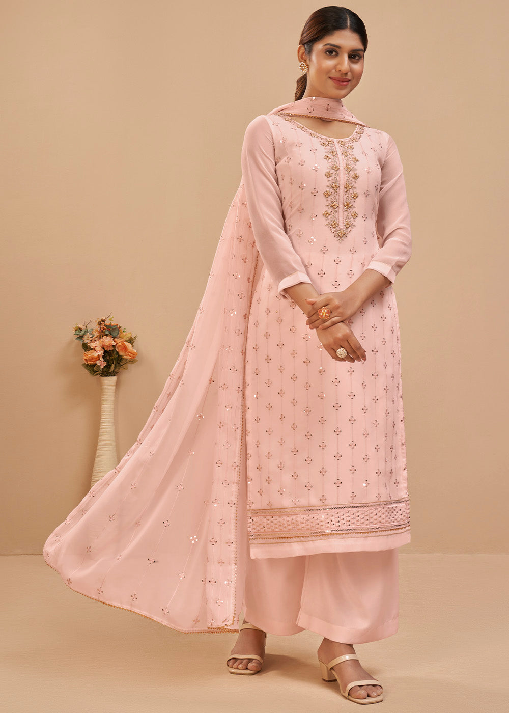 Lace Pink Georgette Salwar Suit with Thread, Khatli & Sequence work