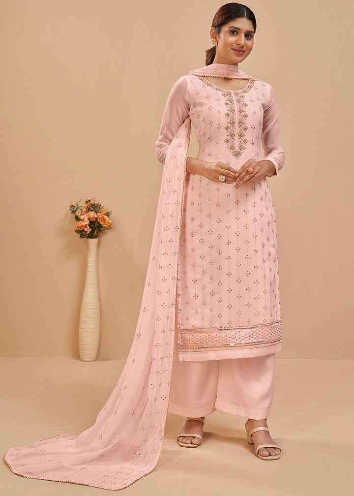 Lace Pink Georgette Salwar Suit with Thread, Khatli & Sequence work