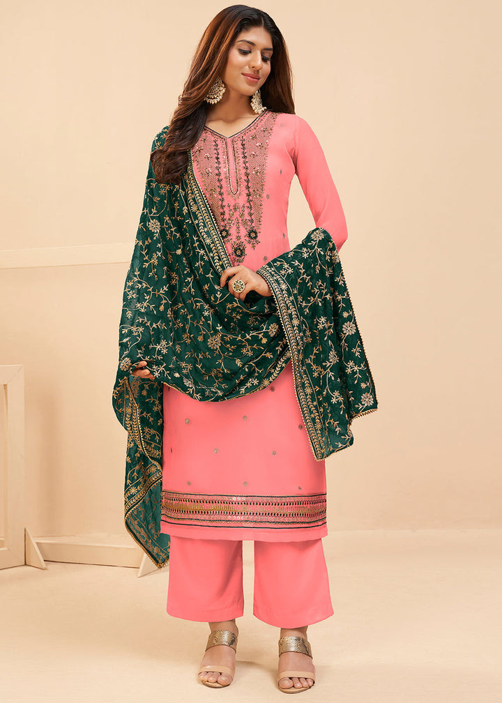 French Pink Georgette Salwar Suit with Zari, Thread, Khatli & Sequence work