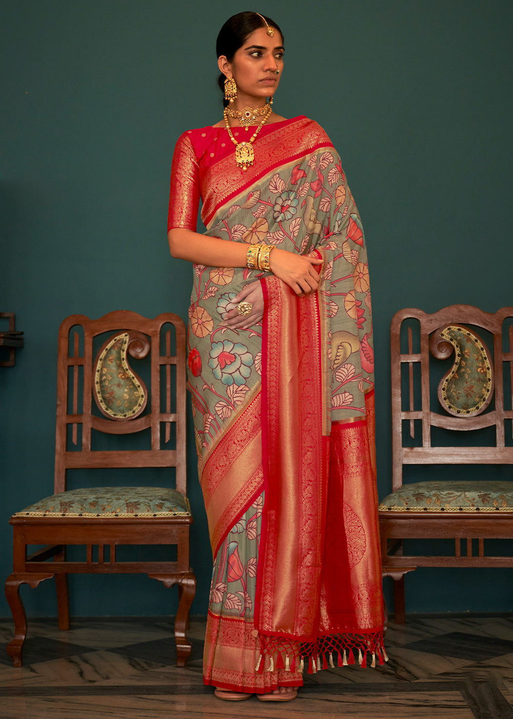 Green & Red Tussar Silk Saree with kalamkari Print