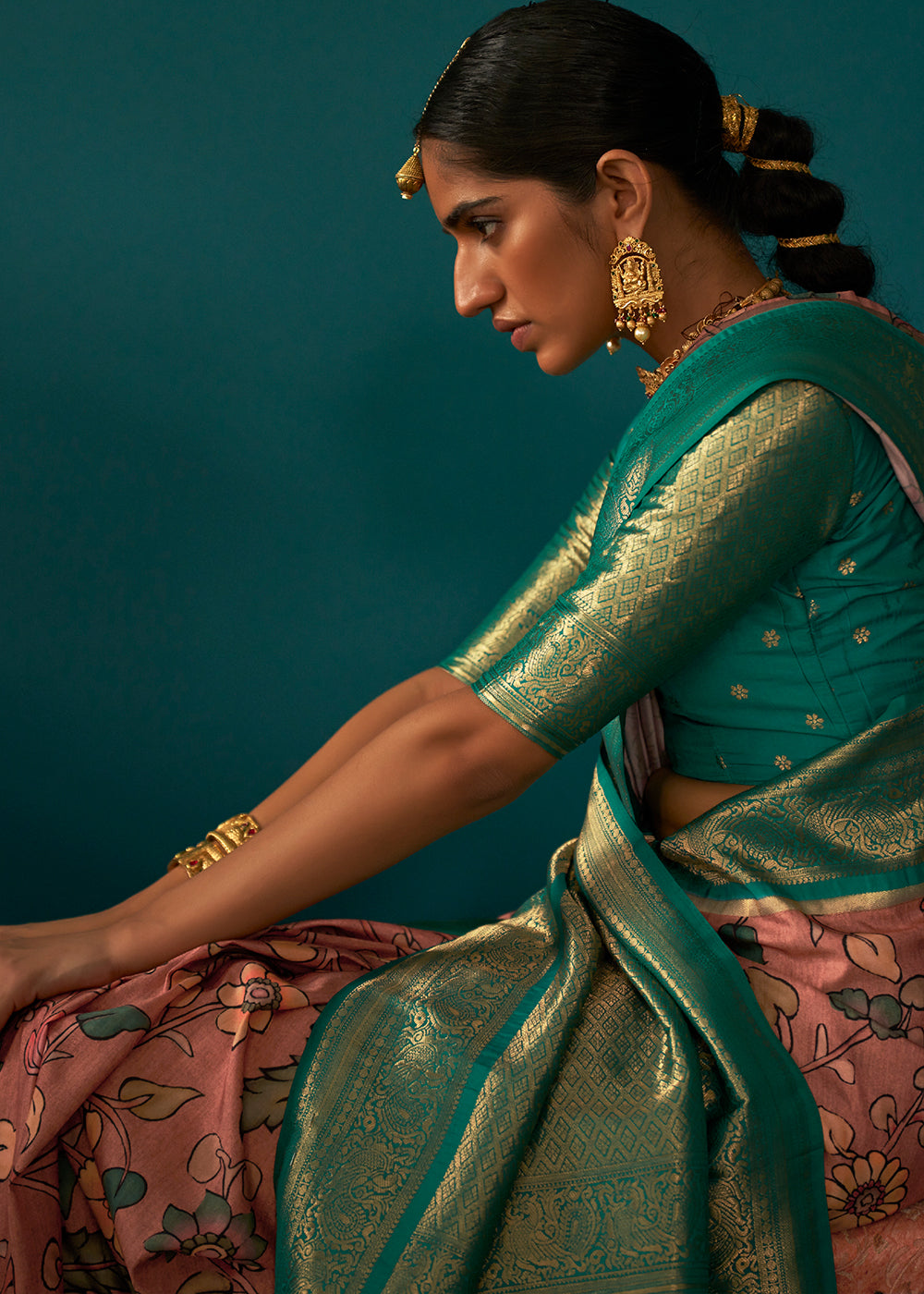 Dark Peach Pink Tussar Silk Saree with kalamkari Print