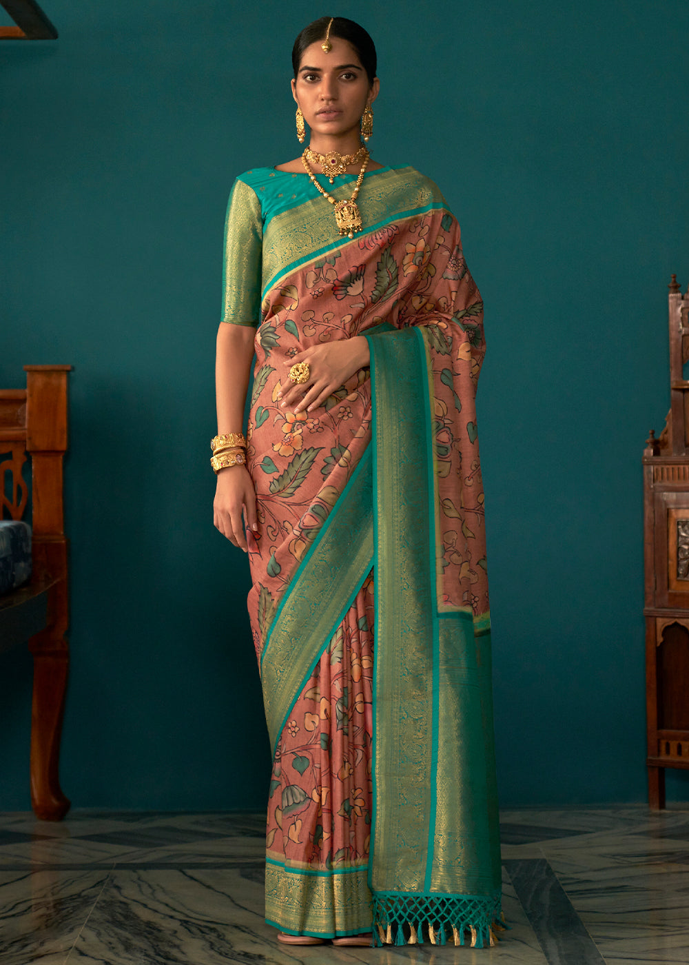 Dark Peach Pink Tussar Silk Saree with kalamkari Print