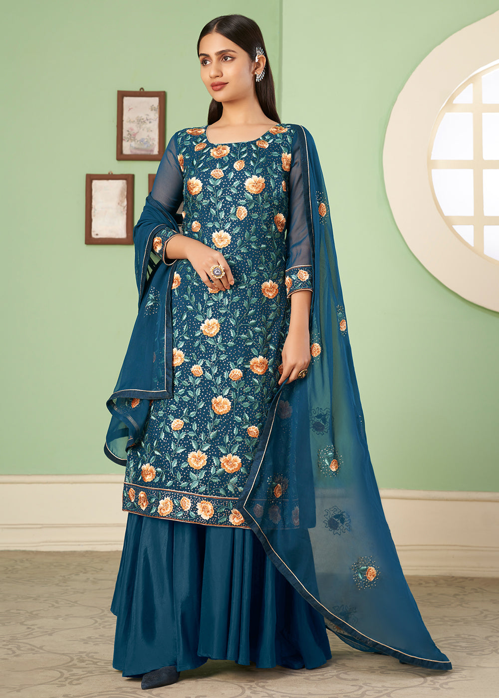 Prussian Blue Georgette Salwar Suit with Multi Colour Thread Embroidery & Sequence work