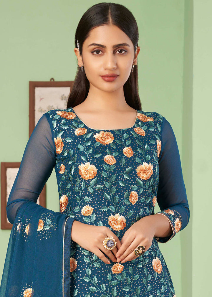 Prussian Blue Georgette Salwar Suit with Multi Colour Thread Embroidery & Sequence work