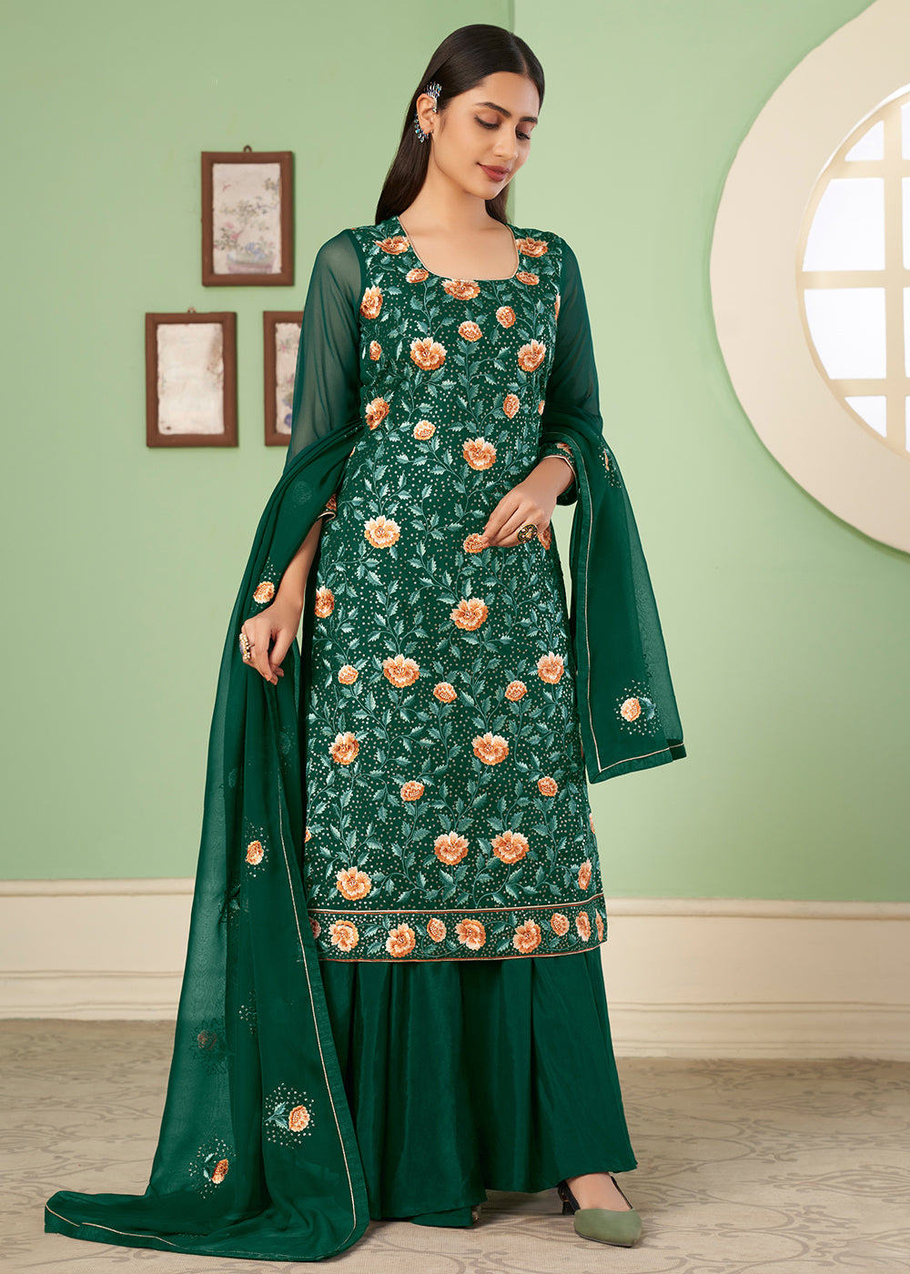 Cadmium Green Georgette Salwar Suit with Multi Colour Thread Embroidery & Sequence work