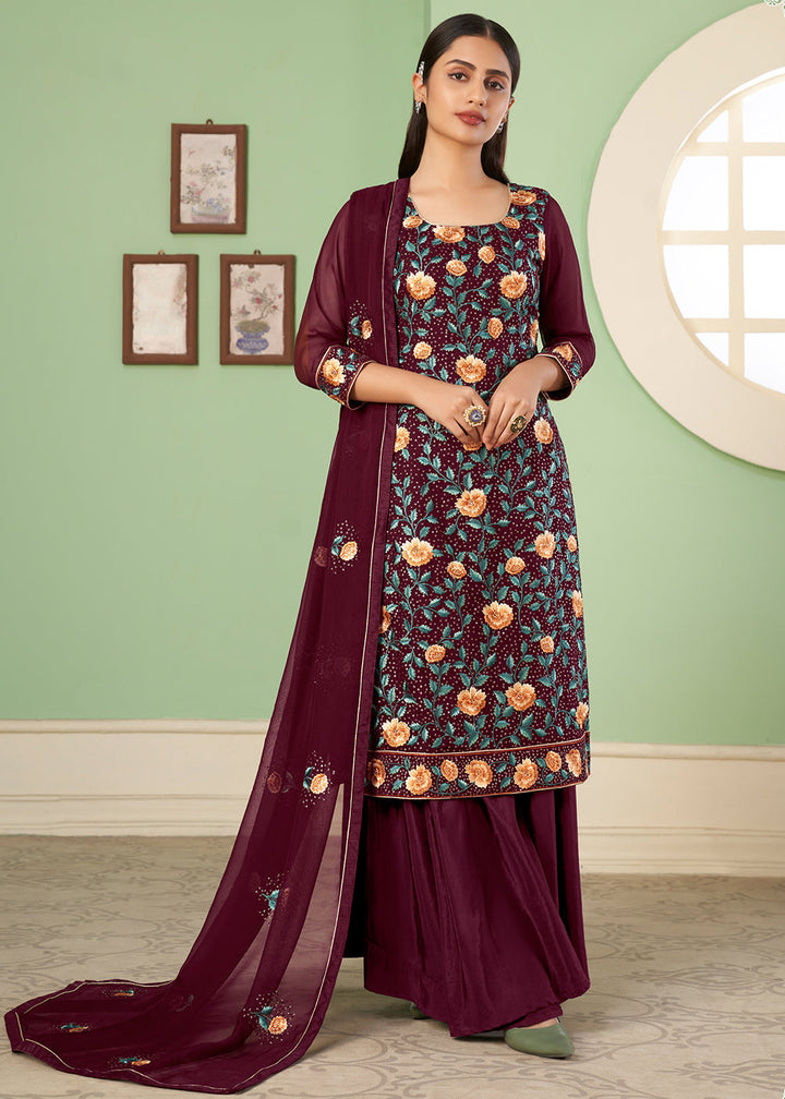 Currant Red Georgette Salwar Suit with Multi Colour Thread Embroidery & Sequence work