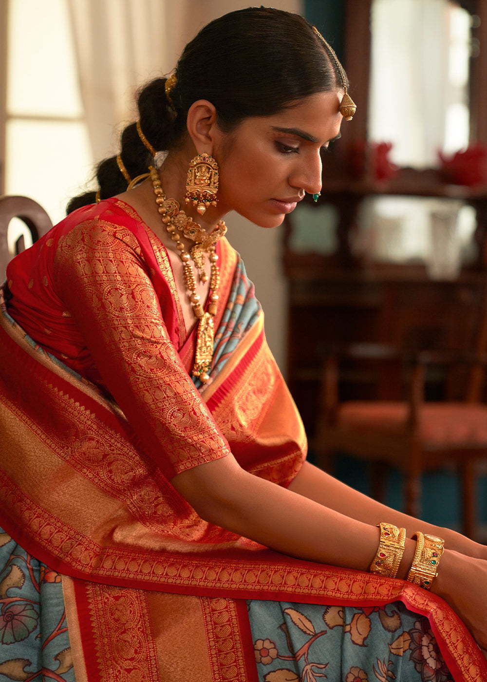 Blue & Orange Tussar Silk Saree with kalamkari Print