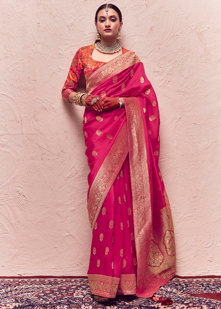 Magenta Pink Zari Woven Dola Silk Saree With Zari Woven Blouse