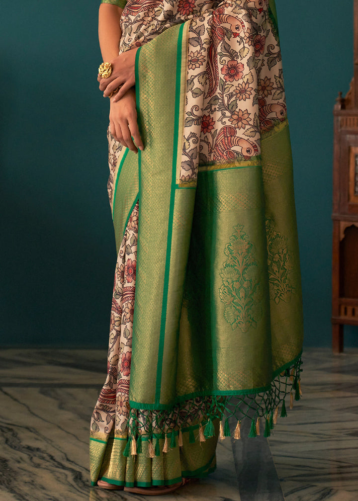 White & Green Tussar Silk Saree with kalamkari Print