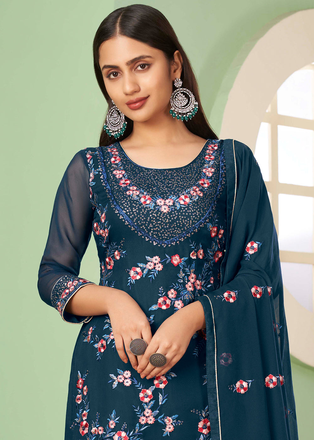 Space Blue Georgette Salwar Suit with Multi Colour Thread Embroidery & Sequence work