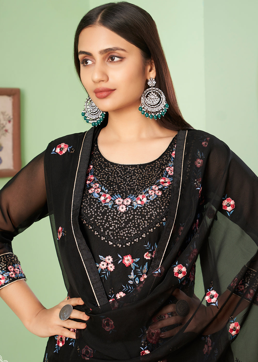 Pitch Black Georgette Salwar Suit with Multi Colour Thread Embroidery & Sequence work