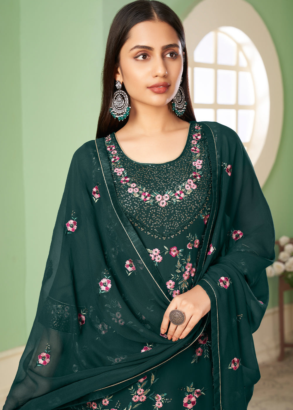 Pine Green Georgette Salwar Suit with Multi Colour Thread Embroidery & Sequence work