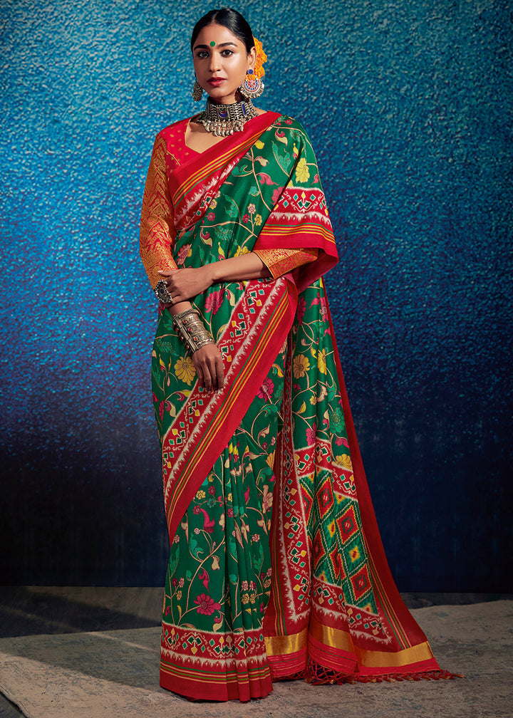 Forest Green & Red Kalamkari Printed Soft Tussar Silk Saree with Patola Pallu