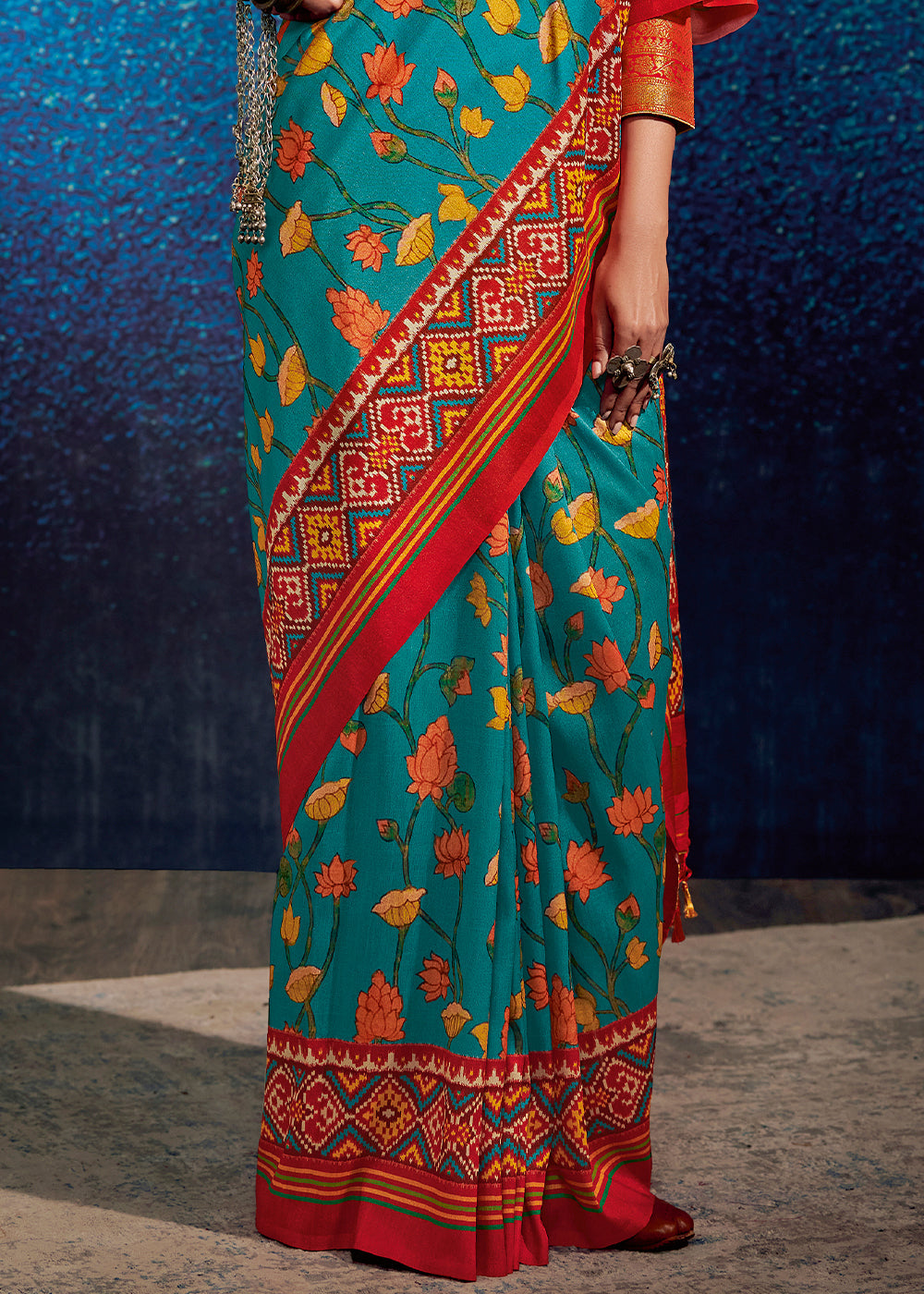 Pacific Blue & Red Kalamkari Printed Soft Tussar Silk Saree with Patola Pallu