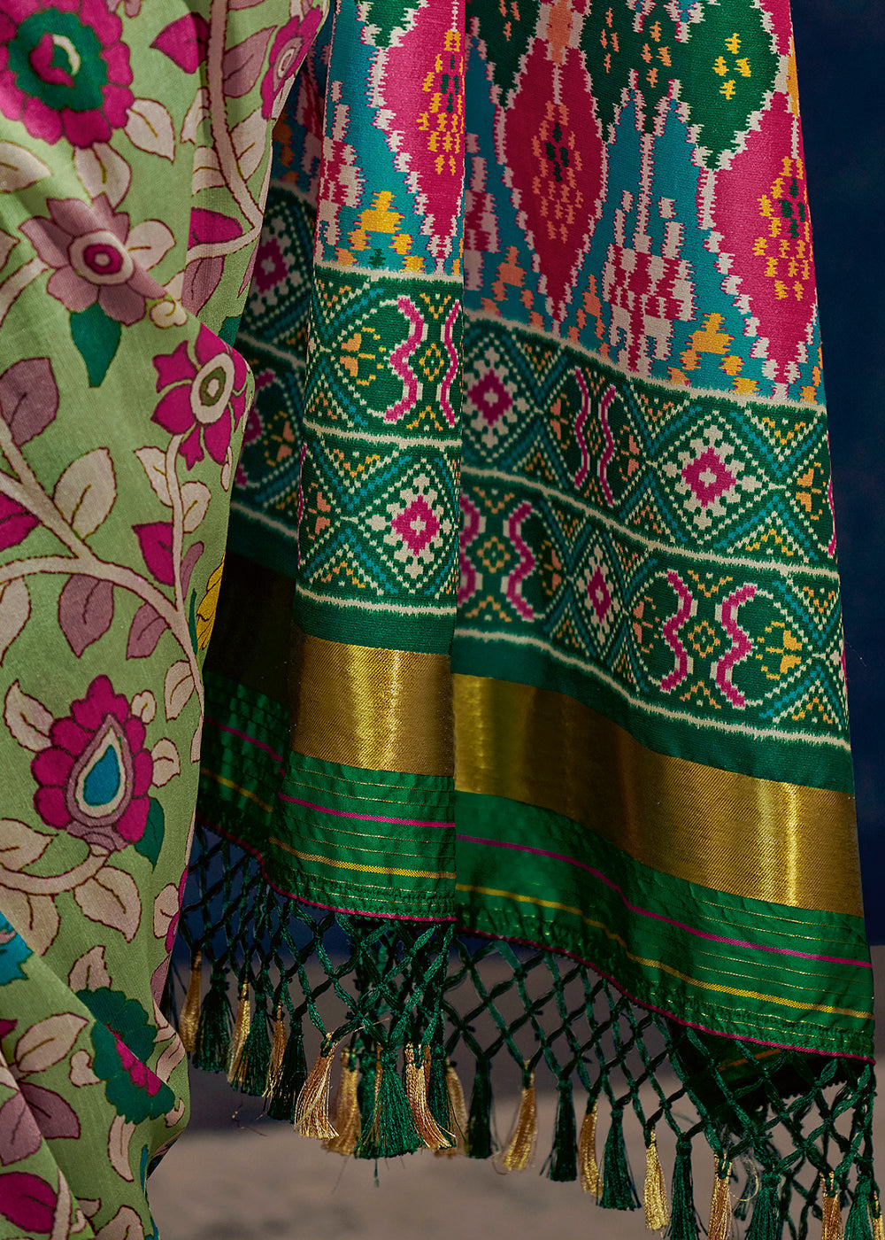 Shades Of Green Kalamkari Printed Soft Tussar Silk Saree with Patola Pallu