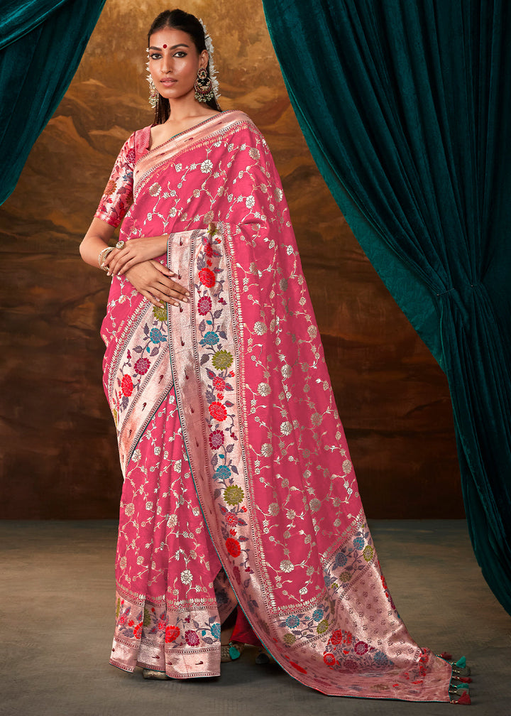 French Rose Pink Paithani Banarasi Silk Saree having Resham Woven Floral Motifs