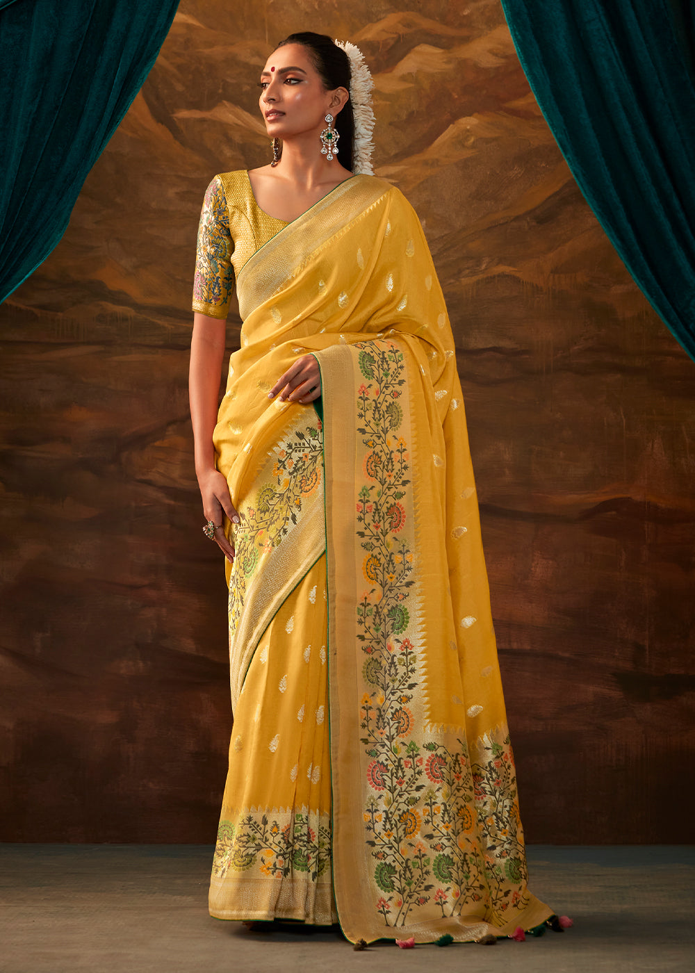 Pineapple Yellow Paithani Banarasi Silk Saree having Resham Woven Floral Motifs