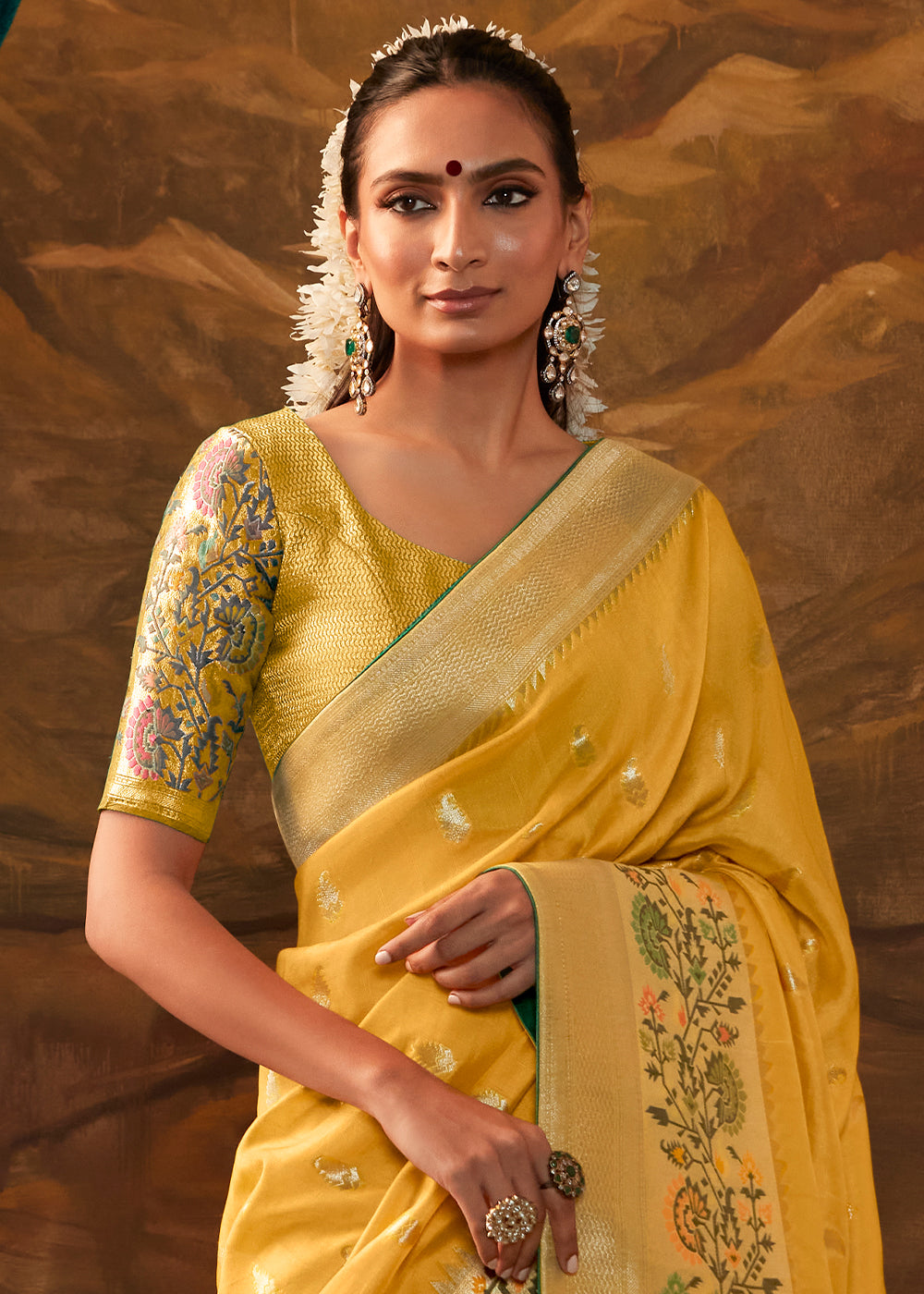 Pineapple Yellow Paithani Banarasi Silk Saree having Resham Woven Floral Motifs