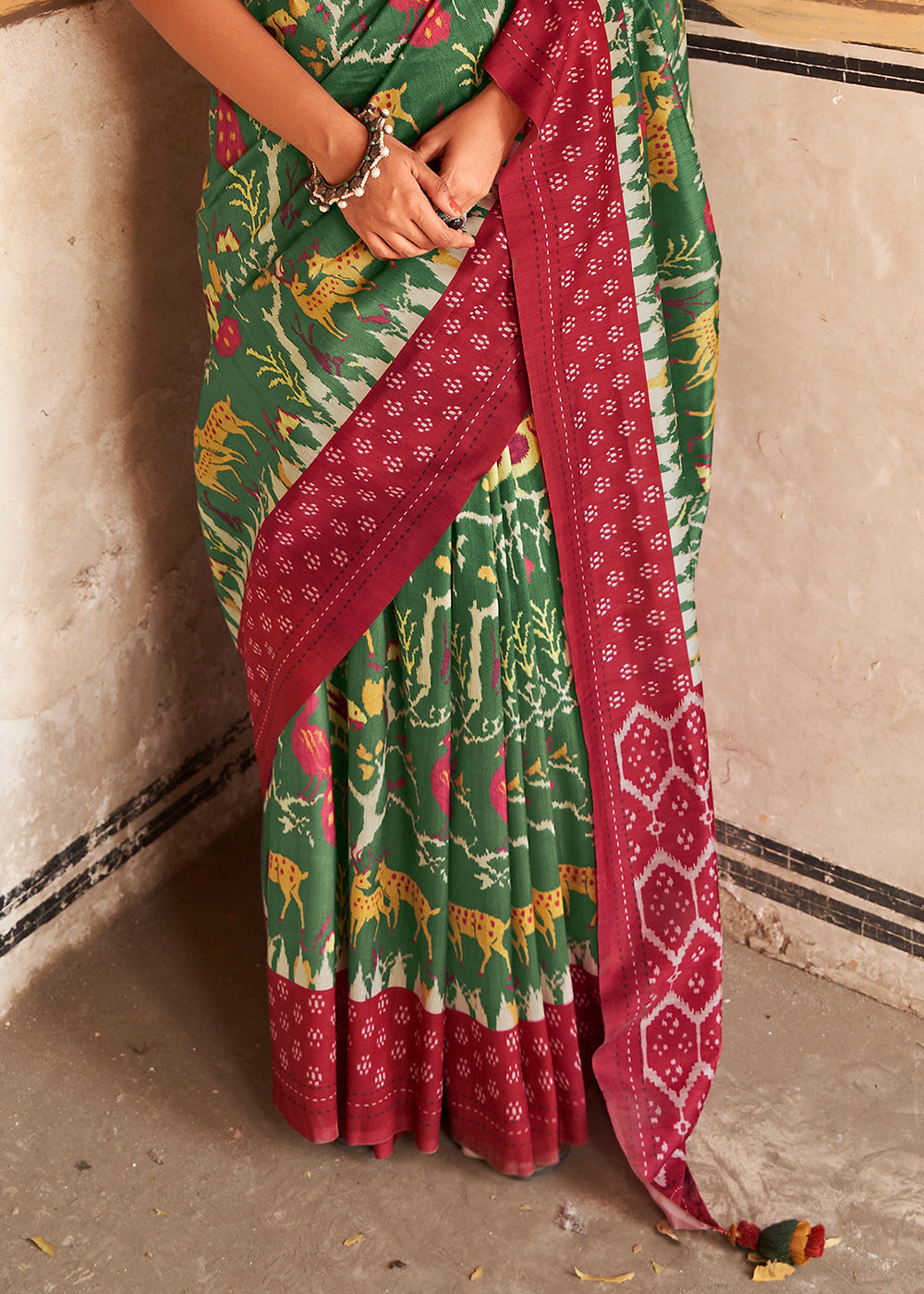 Dark Green Patola Print Tussar Silk Saree