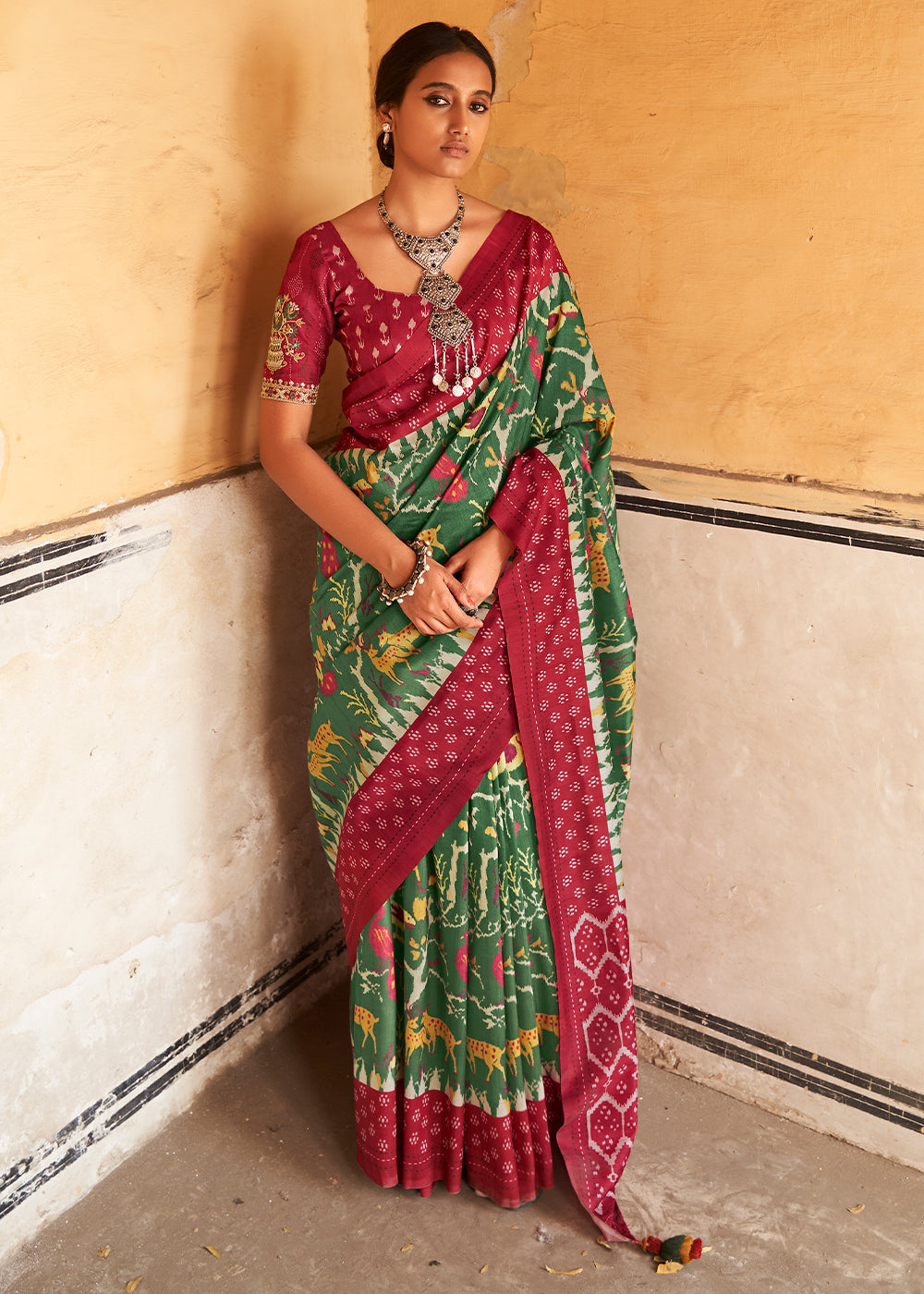 Dark Green Patola Print Tussar Silk Saree