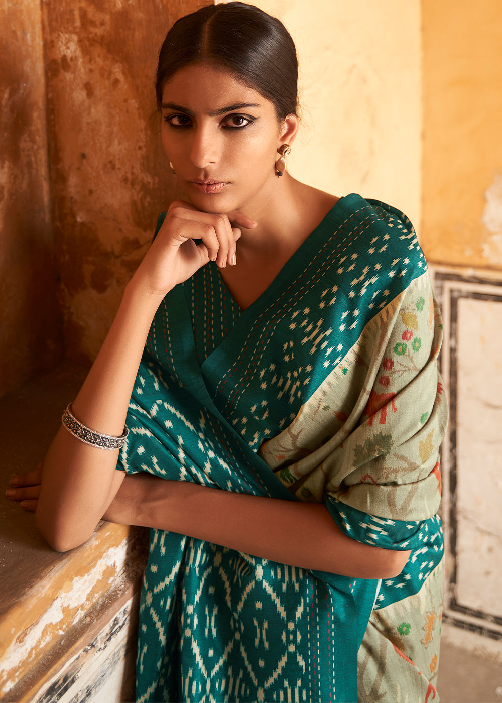 Tea Green Patola Print Tussar Silk Saree