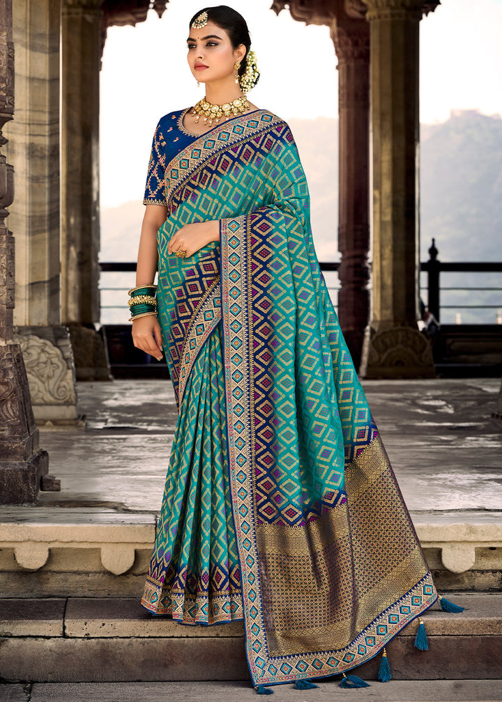 Teal Blue Woven Dola Silk Saree with Embroidered Blouse