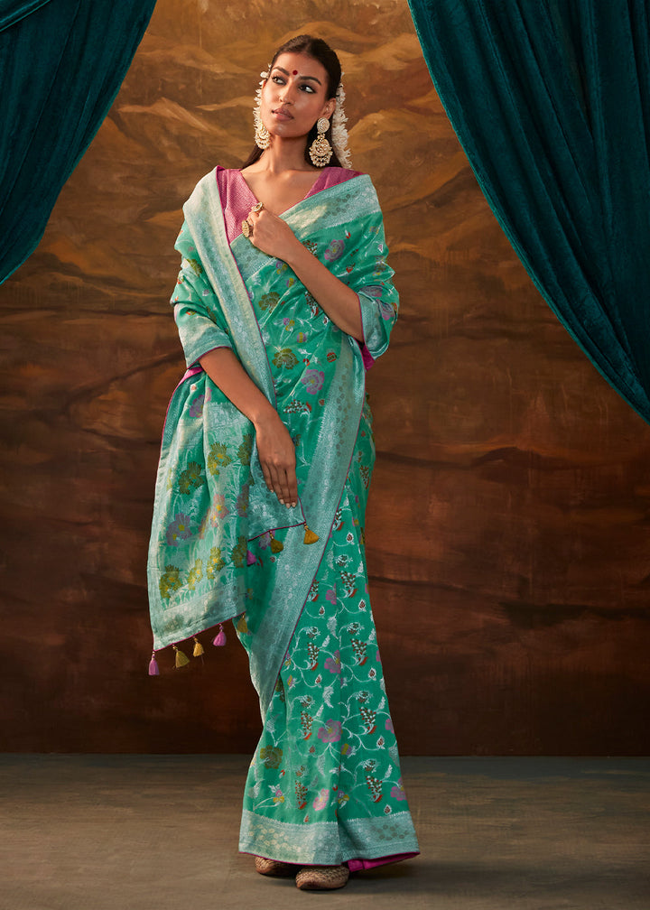 Turquoise Blue Paithani Banarasi Silk Saree having Resham Woven Floral Motifs