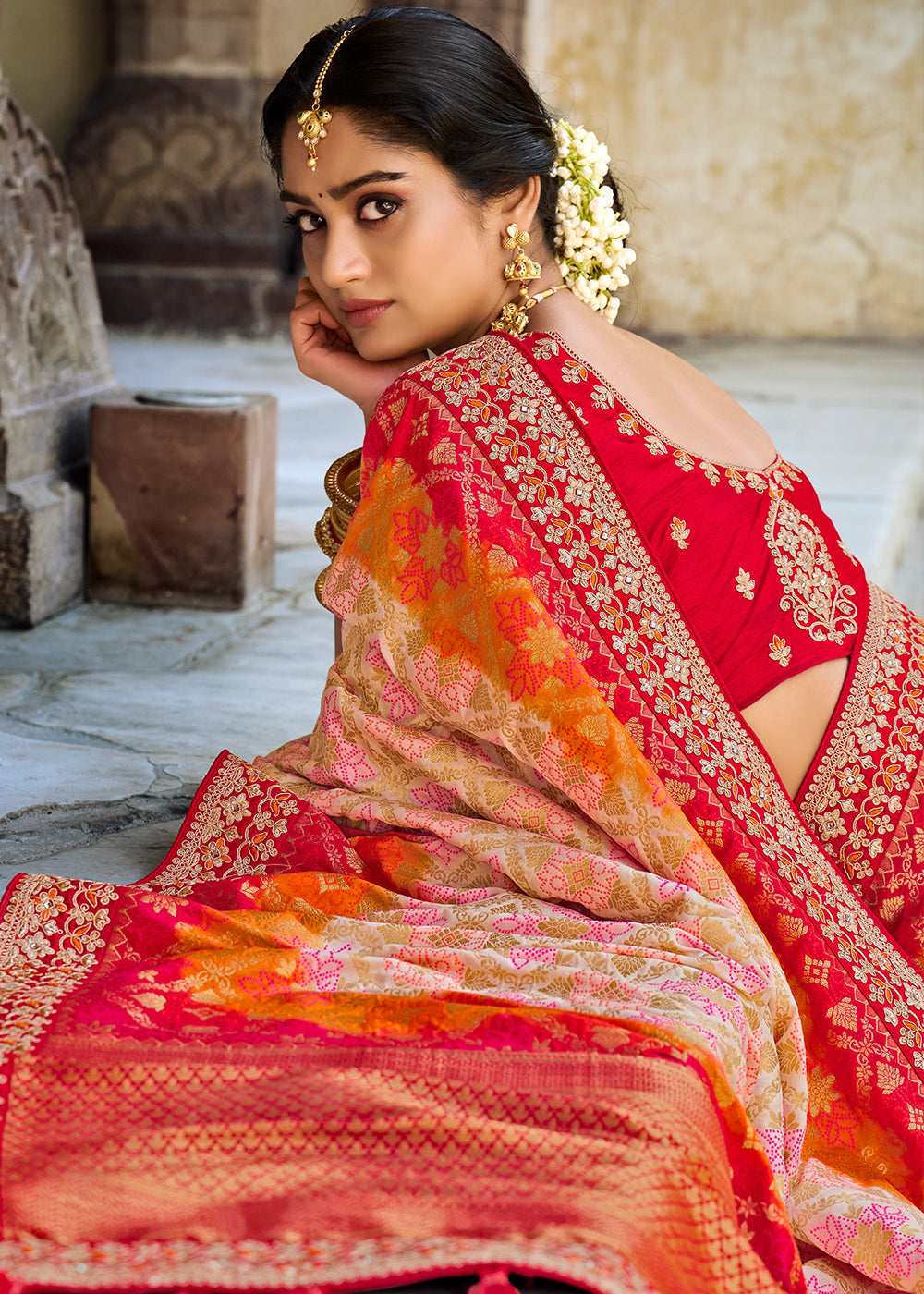 Multi Colored Woven Dola Silk Saree with Embroidered Blouse