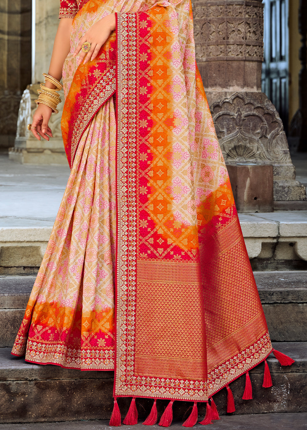 Multi Colored Woven Dola Silk Saree with Embroidered Blouse