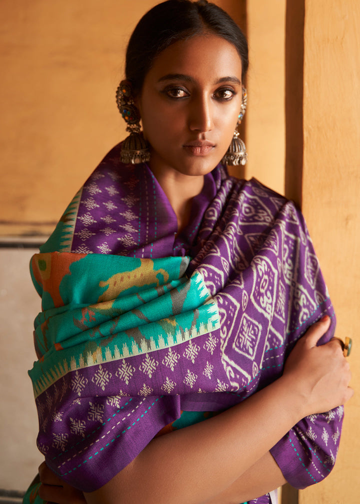 Bright Cyan Blue Patola Print Tussar Silk Saree