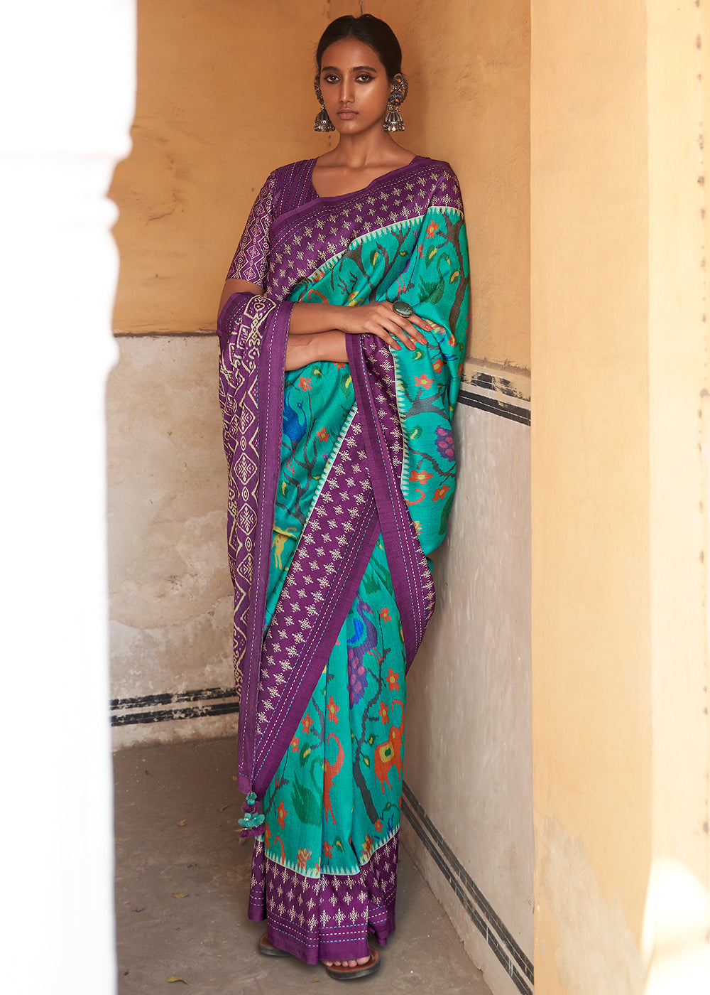 Bright Cyan Blue Patola Print Tussar Silk Saree