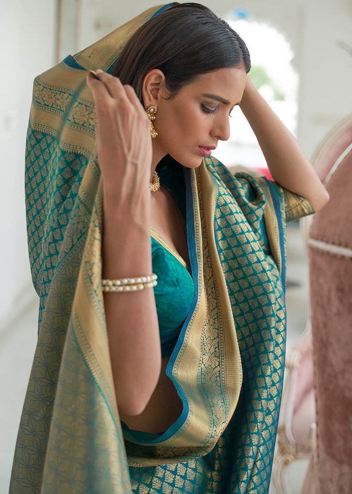 Turkish Blue Woven Kanjivaram Silk Saree: Top Pick