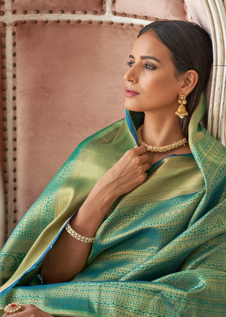 Caribbean Green Woven Kanjivaram Silk Saree