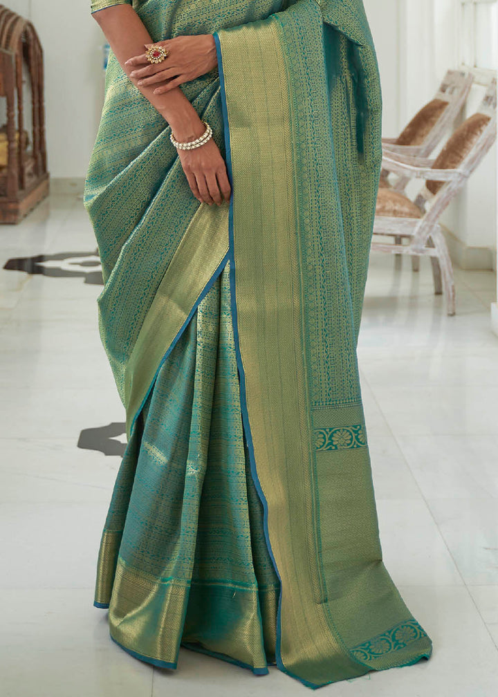 Caribbean Green Woven Kanjivaram Silk Saree