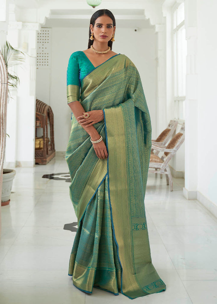 Caribbean Green Woven Kanjivaram Silk Saree