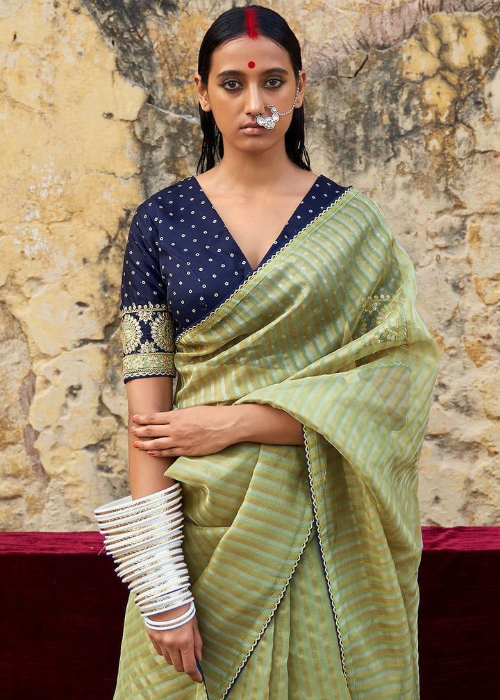 Sage Green Zari Weaving Organza Saree with Embroidered Blouse