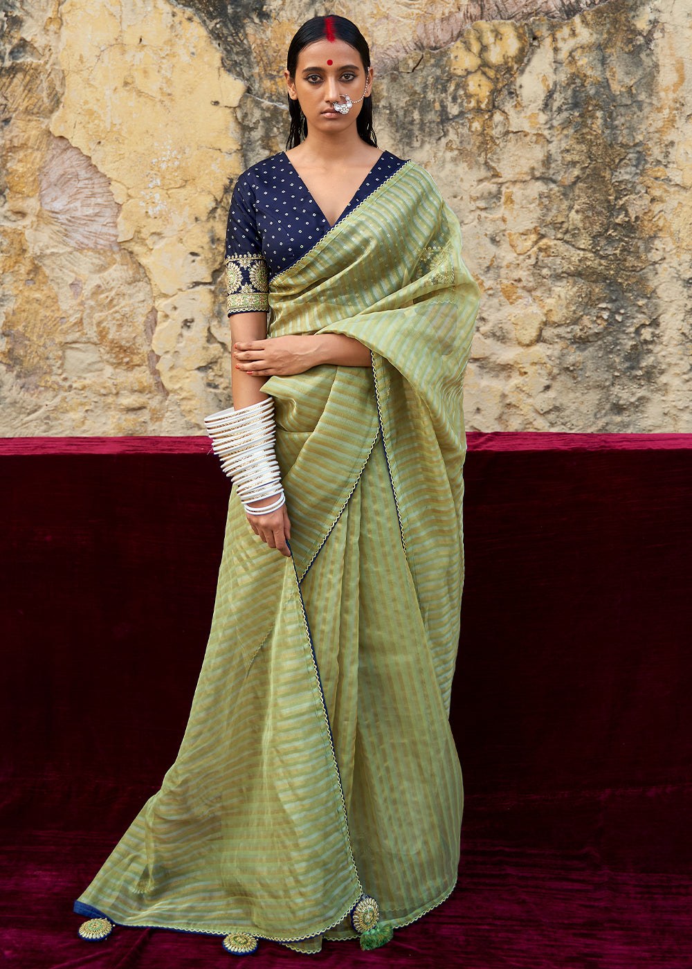 Sage Green Zari Weaving Organza Saree with Embroidered Blouse