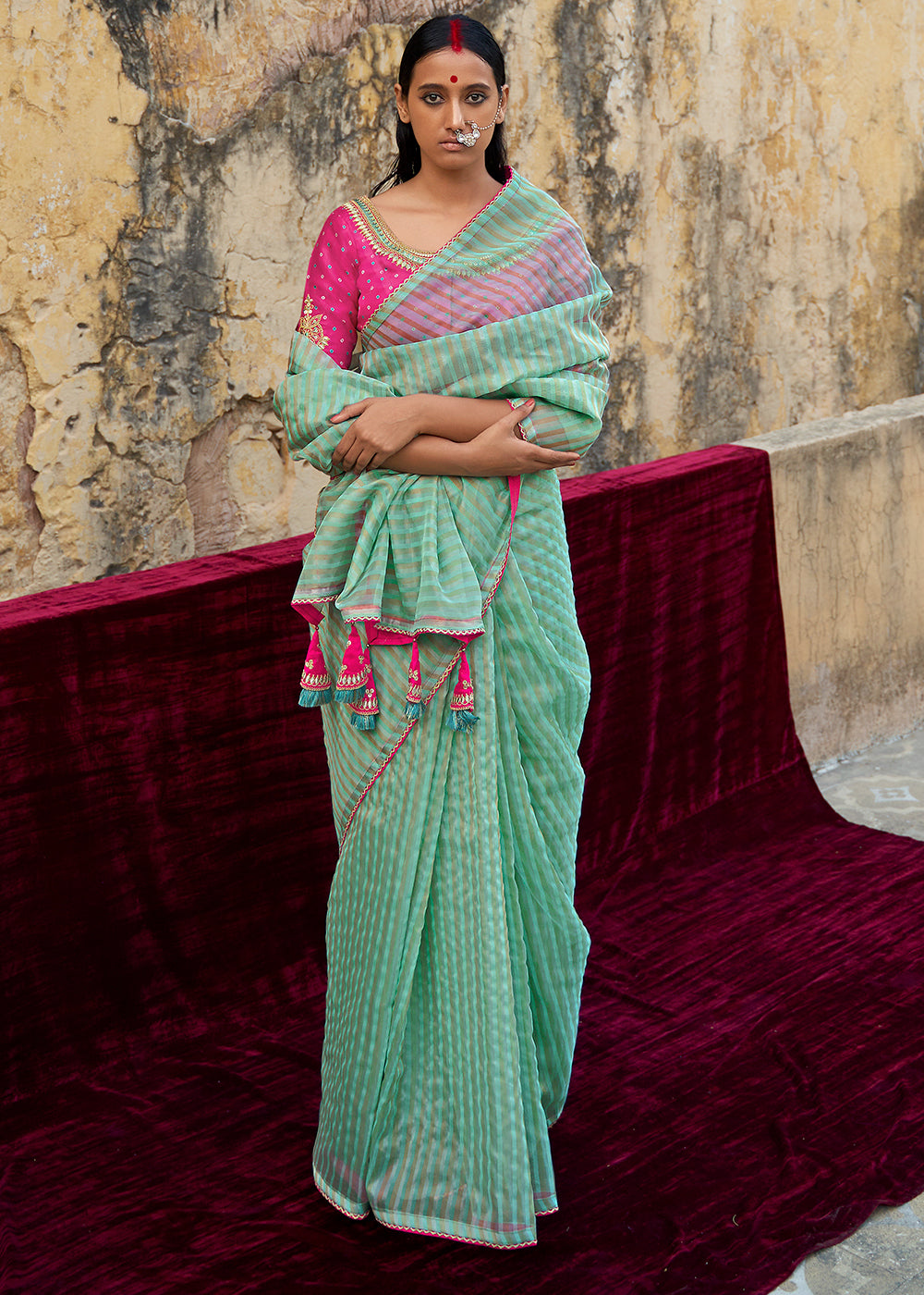 Verdigris Blue Zari Weaving Organza Saree with Embroidered Blouse