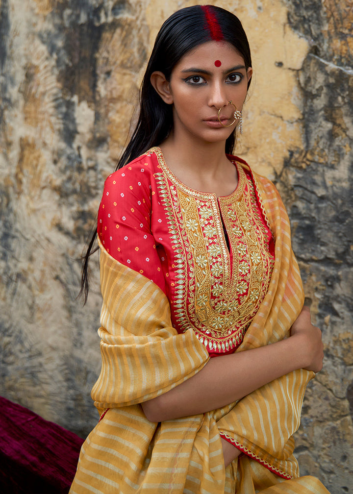 Mustard Yellow Zari Weaving Organza Saree with Embroidered Blouse