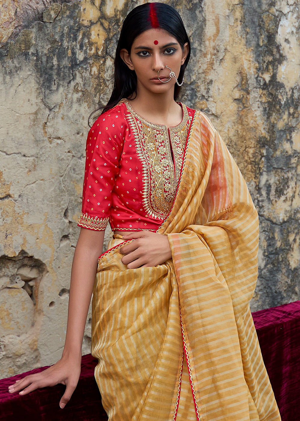 Mustard Yellow Zari Weaving Organza Saree with Embroidered Blouse