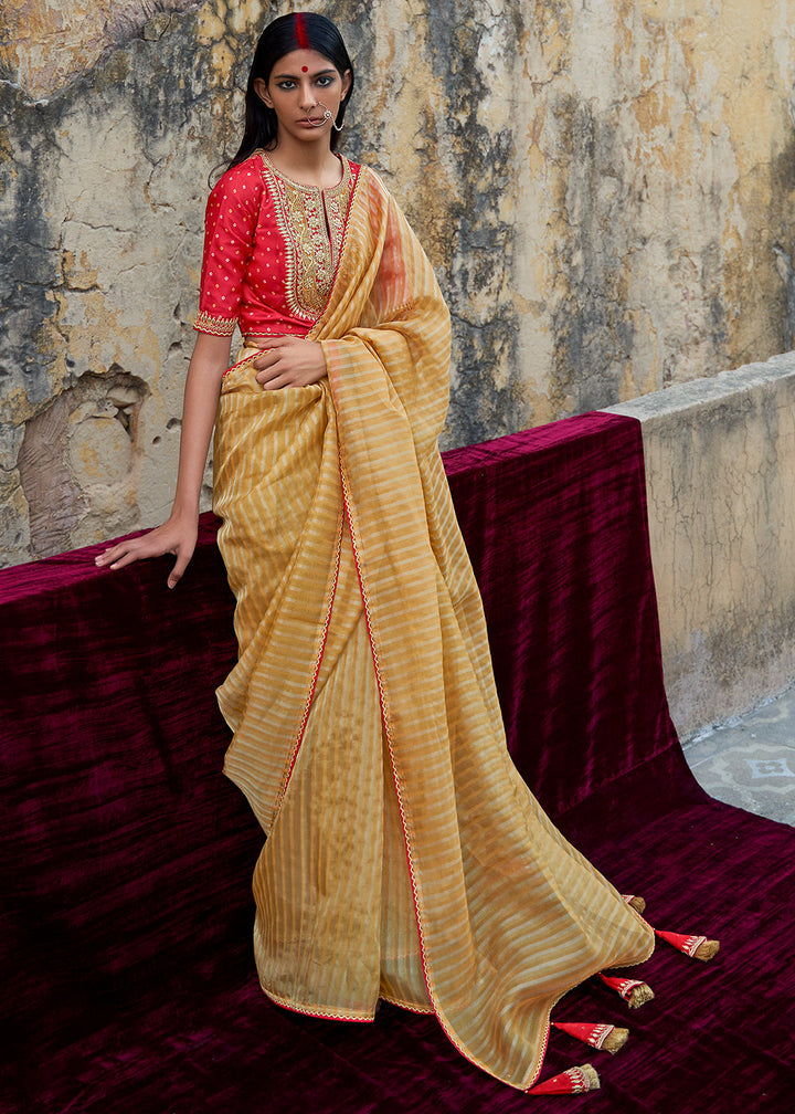 Mustard Yellow Zari Weaving Organza Saree with Embroidered Blouse