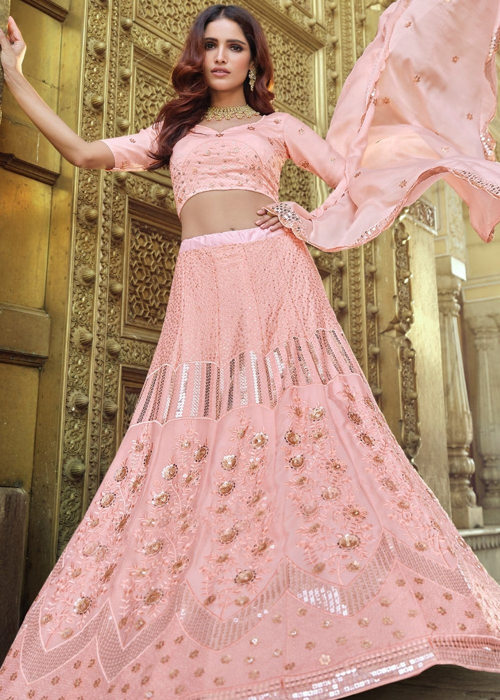 Flamingo Pink Georgette Lehenga Choli with Sequins & Thread work