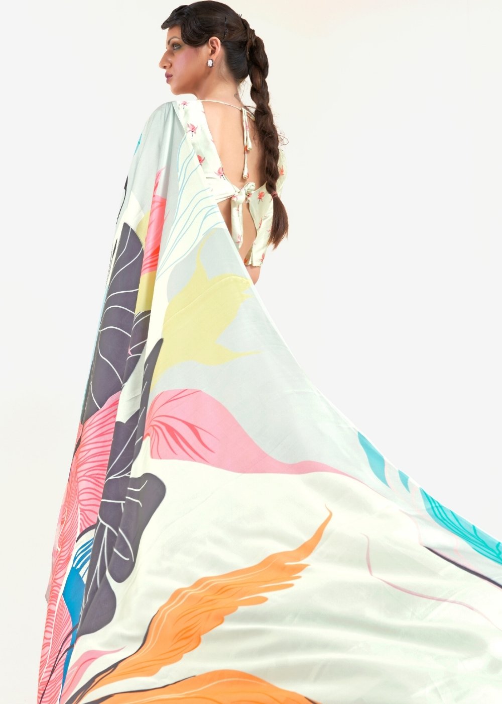 Multi Colored Digital Printed Satin Crepe Saree